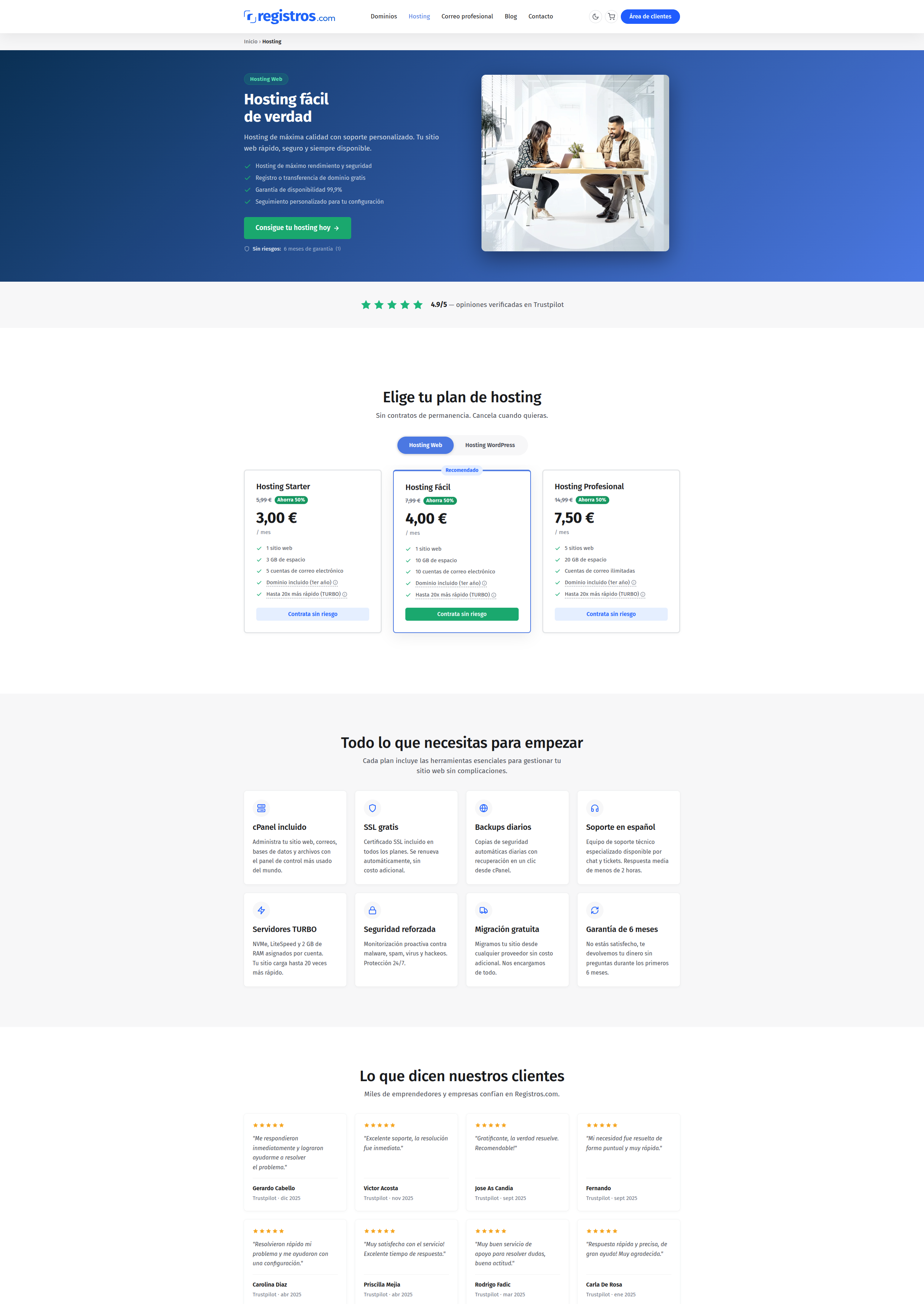 Landing page de producto de Registros.com